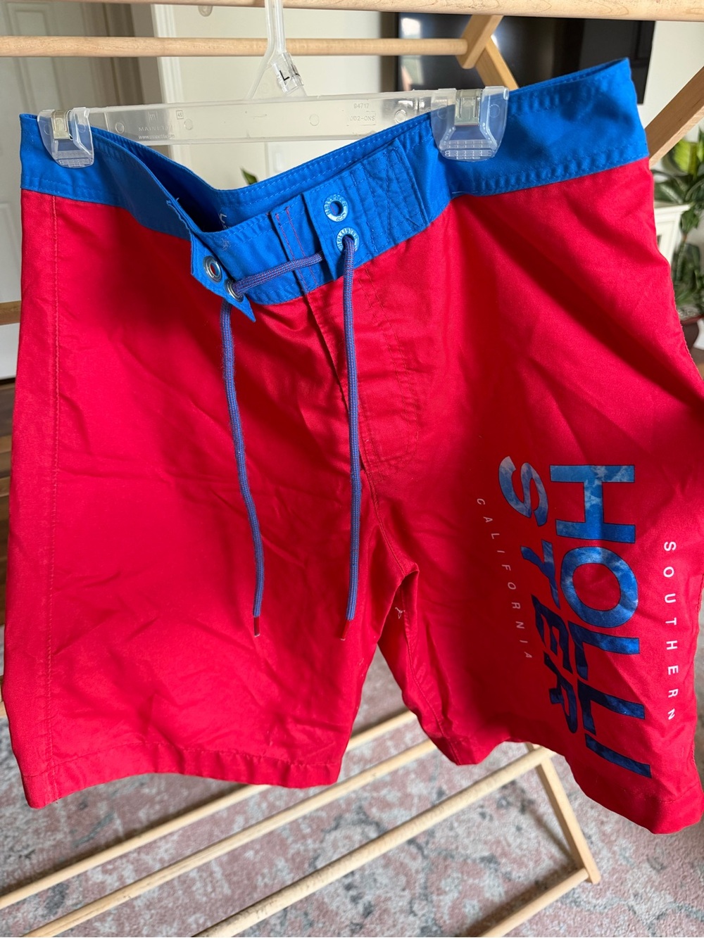 Hollister Red Swim Board Shorts with Blue Waistband